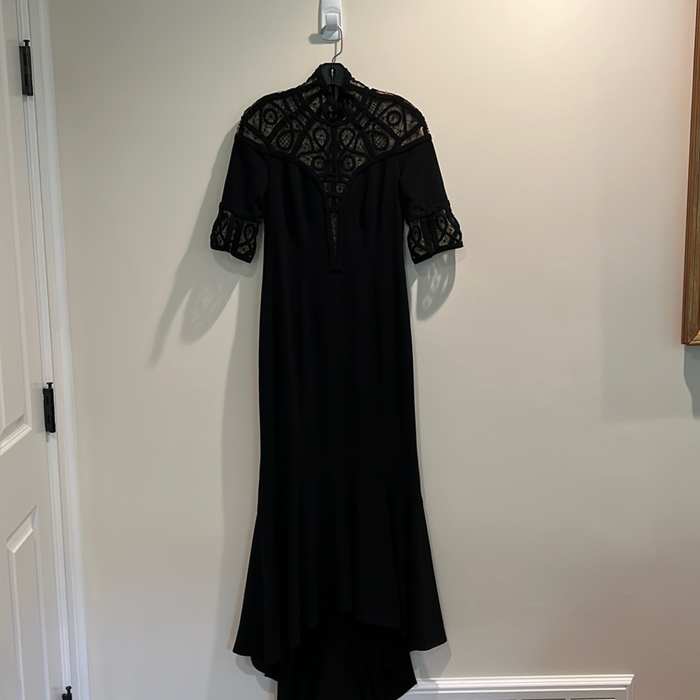 Designer Lucian Matis black gown with lace detailing